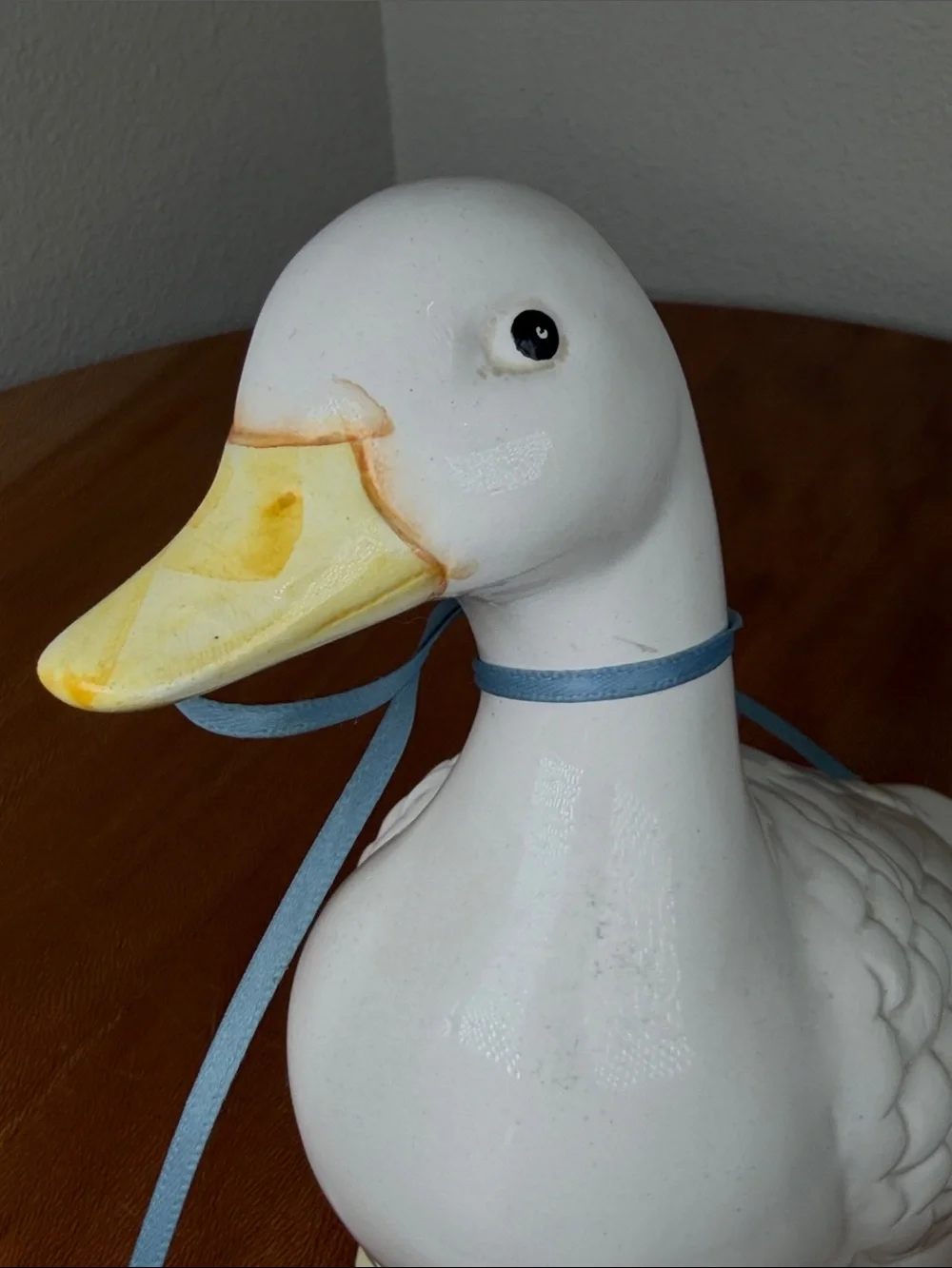 Vintage Hand Crafted Hand Made Ceramic Duck White Yellow Blue Bow Farmhouse